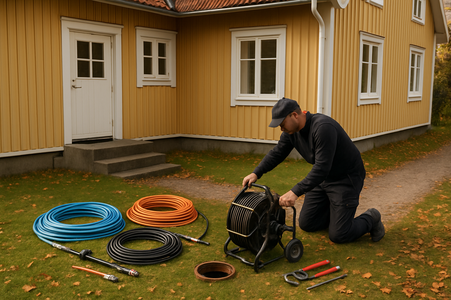 Förebyggande stamspolning förbereds vid en villa i Sverige.